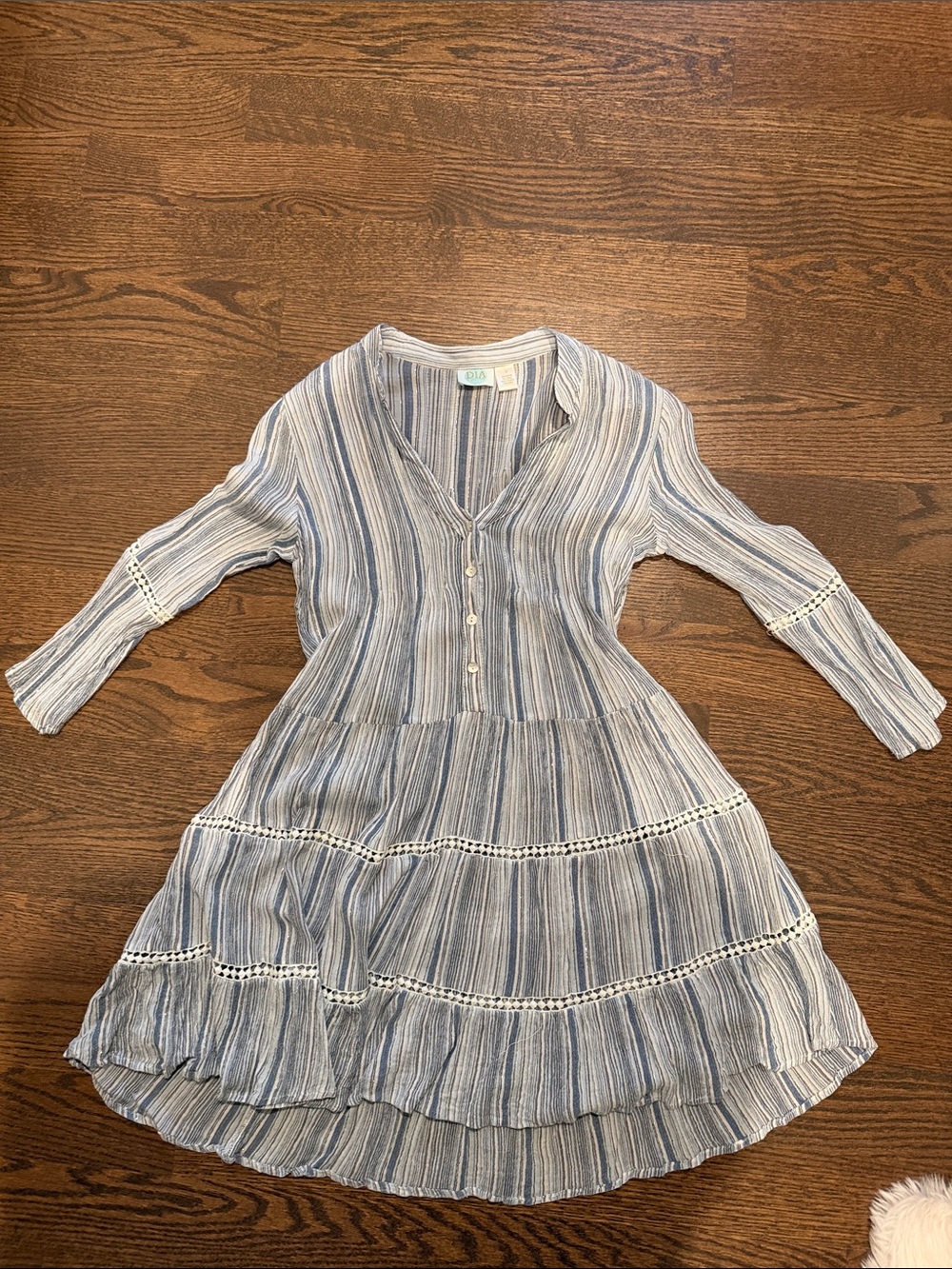 Light Blue Striped Mini Dress with Crochet Trim